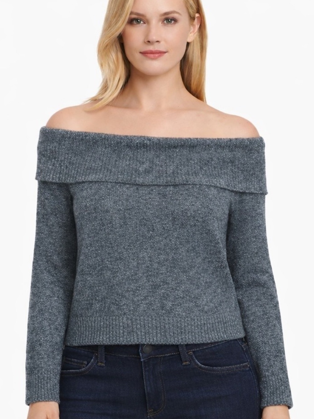 Lucky Brand Charcoal Gray & Metallic Silver Off-the-Shoulder Foldover Sweater, S